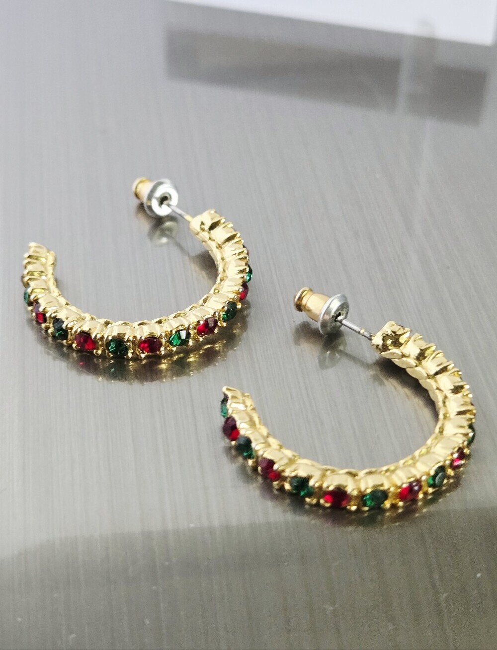 Vintage Gold Tone Hoop Earrings with Red and Green Stones - Picture 8 of 16